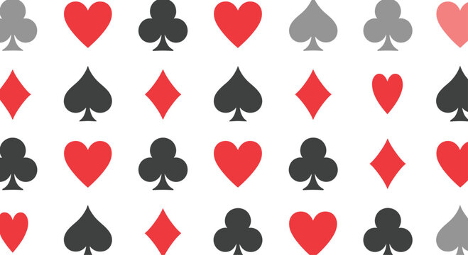 Abstract repeating pattern featuring various playing card suits in red, black, and grey, creating a versatile background design.