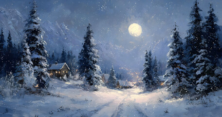 Image of christmas greetings in russian over snow falling, moon and christmas trees