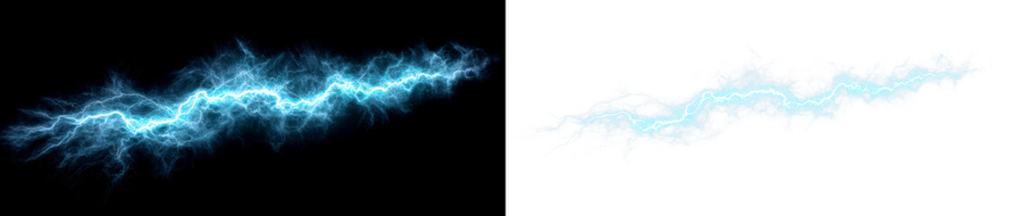 Bright Electric Lightning Bolt Effect with Blue Display on Black and Transparent Background, cutout, png