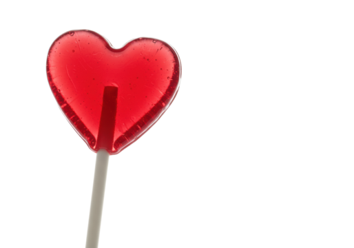Deep red, heart-shaped, transparent, reflective lollipop on a white stick, isolated against a pristine transparent background with soft studio lighting, concept of sweet romance
