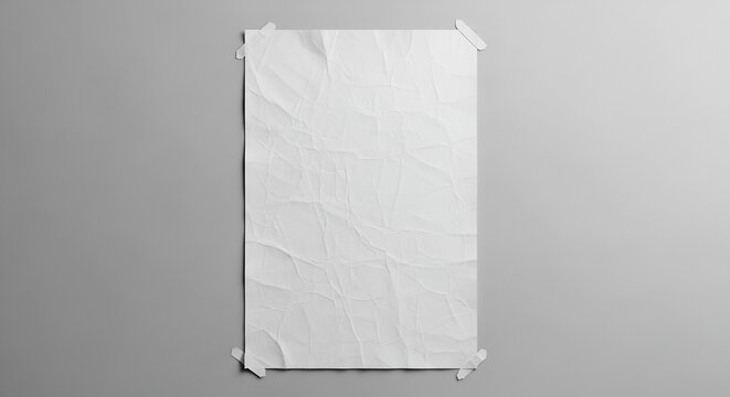 Blank crumpled poster mock up with adhesive tape on a gray wall background