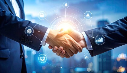 Business partners shaking hands with digital network connections overlay.