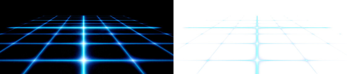 Naklejka premium Futuristic Digital Grid Design with Neon Blue Display on Black and Transparent Background, cutout, png