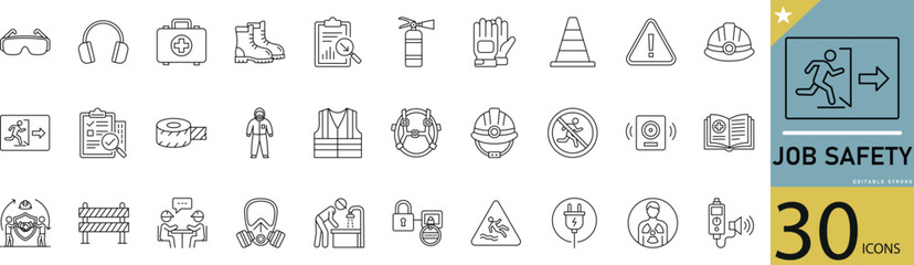 Minimal Job Safety Line Icon Set 30 Outline Symbols for Protection, Workplace, and Security Design