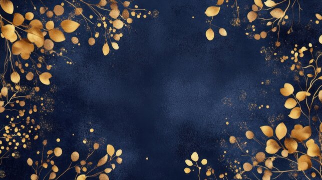 Elegant navy blue background with shimmering golden floral elements, creating a luxurious, sophisticated design