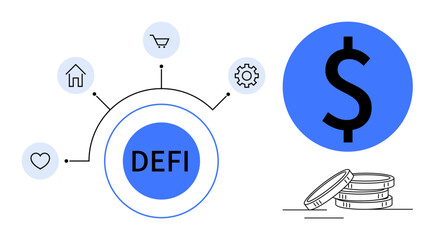 DEFI network connecting heart, house, cart, gear icons alongside dollar sign and stacked coins. Ideal for blockchain, fintech, investment, innovation savings economy growth. Simple flat metaphor