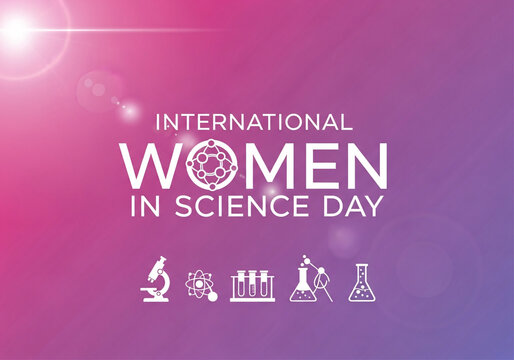 International women in science day celebrated with scientific icons and a vibrant gradient background