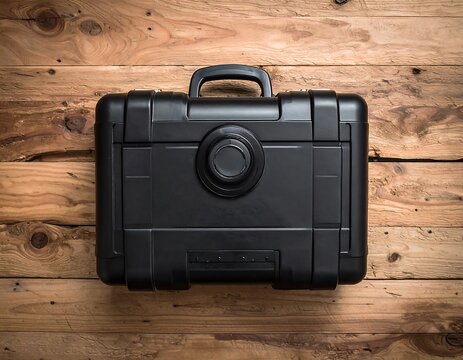 Aerial view of a black protective hard case on a rustic, weathered wooden surface