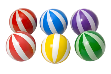 Collection of striped balls in red blue purple yellow and green colors on transparent background