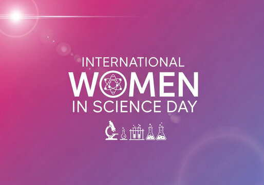 International women in science day celebrated with scientific symbols and bright gradient background