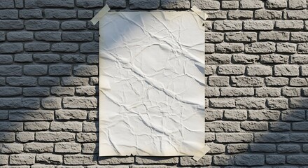 Crumpled paper on brick wall background, blank poster for advertisement mockup