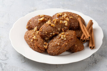 Close-up of homemade greek traditional melomakarona cookies