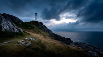 A dramatic twilight scene featuring a white lighthouse on a rocky cliff overlooking the turbulent sea under dark clouds