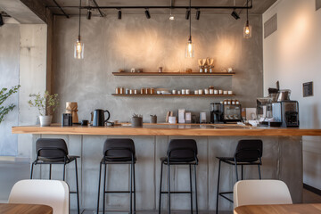 Minimalist coffee shop with concrete wall and wooden bar counter in modern interior design