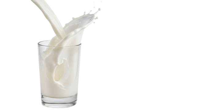 Fresh, creamy white milk pouring into a clear cylindrical glass, creating energetic splashes against a seamless transparent studio background with negative space. Concept of fresh dairy purity