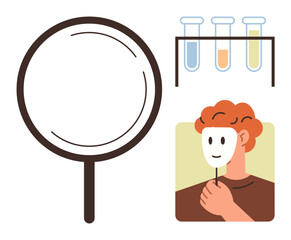 Magnifying glass, three test tubes with colored liquids, and person holding a mask. Ideal for analysis, investigation, science, identity, deception discovery transparency. Simple flat metaphor