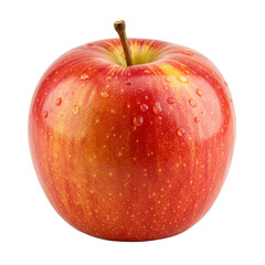 Perfectly ripe Gala apple, vibrant red and yellow, glossy with dew drops, short brown stem, isolated against transparent background, ample copy space, concept of fresh healthy eating