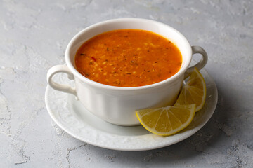 Traditional delicious Turkish soup; Turkish name; Tarhana or Ezogelin corbasi