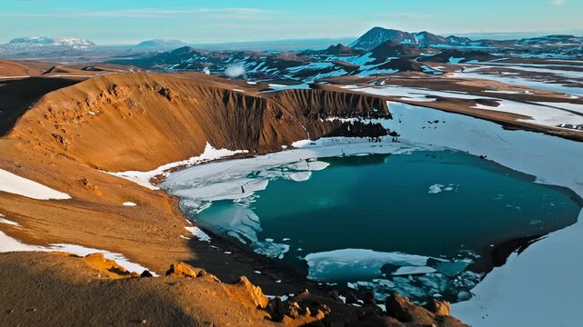 Aerial view of Krafla volcano crater in North Iceland. Clear blue sky and snow patches highlight the frozen lake and red ridges.