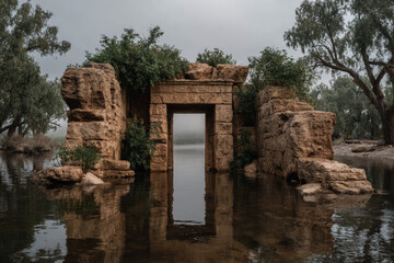 Naklejka premium The Petrified Gate: A Sacred Relic of Wood Standing Silent Beneath the Overcast Sky