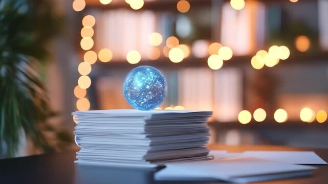 Illuminated globe on paper stack laptop warm bokeh lights workplace setup