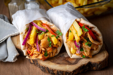 Greek chicken gyros wrapped in pita breads