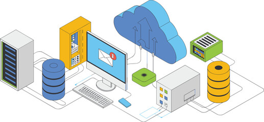 Isometric cloud computing network illustration showing data servers, database storage, email communication, and online data exchange technology concept design