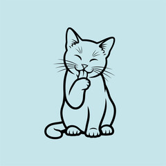 A playful cat licking its paw, set against a light blue background, conveying a sense of joy and cleanliness