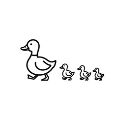 A mother duck leads her three ducklings in a row, showcasing family bonding in a serene setting