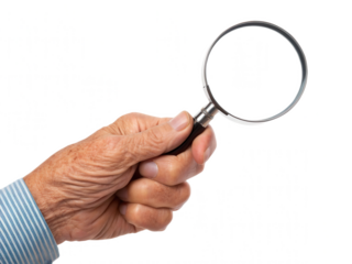 A hand holding a magnifying glass against a black background, symbolizing investigation, curiosity, and attention to detail.