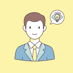 Illustration of a professional businessman with a creative vision. A smiling man in a suit thinking about a new idea represented by a lightbulb icon