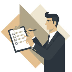 Focused businessman in a suit with a clipboard, marking a checklist for task completion, project management, or quality inspection