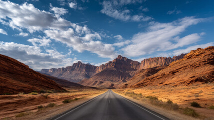 Fototapeta premium A desert road cutting through layered red sandstone terrain, empty highway. beautiful desert background. gorgeous scene straight out Arabian fairy tale, where sand, heat, silence reign.