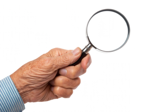 A hand holding a magnifying glass against a black background, symbolizing investigation, curiosity, and attention to detail.