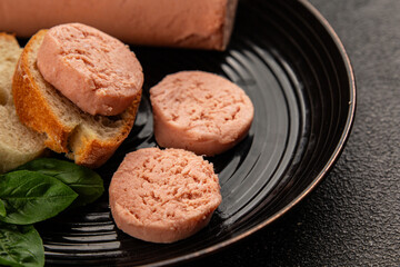 Sausage spread sandwich pork spread natural product tasty snack fresh delicious gourmet food background on the table rustic top view copy space