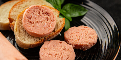 Sausage spread sandwich pork spread natural product tasty snack fresh delicious gourmet food background on the table rustic top view copy space