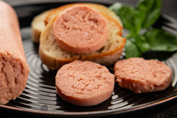 Sausage spread sandwich pork spread natural product tasty snack fresh delicious gourmet food background on the table rustic top view copy space