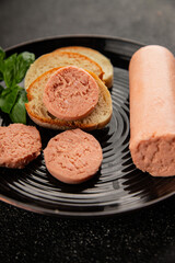 Sausage spread sandwich pork spread natural product tasty snack fresh delicious gourmet food background on the table rustic top view copy space
