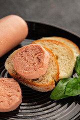 Sausage spread sandwich pork spread natural product tasty snack fresh delicious gourmet food background on the table rustic top view copy space