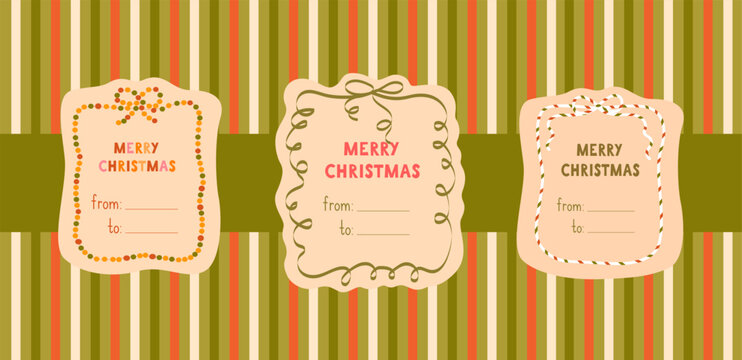 Set of three Christmas gift tags with cute frames made of garlands and ribbons on striped back. Festive minimalist design in warm cozy colors, perfect for holiday cards, gifts, and printable labels.