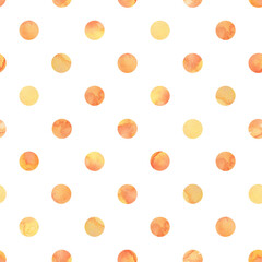 Seamless pattern with a round ornament of yellow-orange color on a white background. Watercolor illustration is painted with watercolors in bright rich shades. For textile design, fabrics, wallpaper