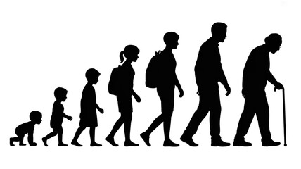 Black and white silhouette of human life cycle, six figures from baby to elderly with cane, walking left to right, minimalist clean contrast illustration.