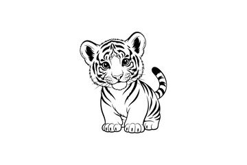 Adorable baby tiger cub sitting playfully, surrounded by a simple white background, evoking cuteness