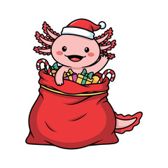 Cute Christmas Axolotl in Santa Bag with Gifts and Candy Canes Vector Illustration