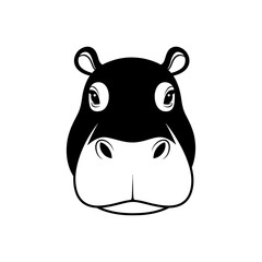 Black and white illustration of a hippo's head with expressive eyes and rounded features
