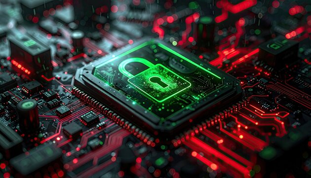 Digital Security Padlock Symbol on Futuristic Microchip Circuit Board. - Powered by Adobe