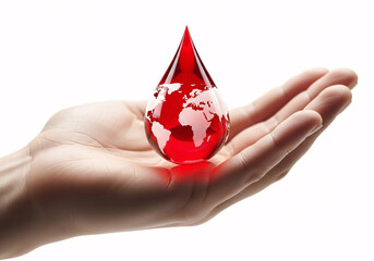 Hand holding a blood drop with the earth inside, isolated on white background
