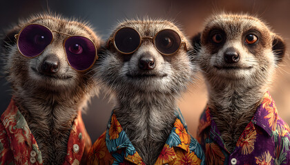 Three meerkats wearing sunglasses, Hawaiian shirts pose together. Look stylish, ready for vacation. Fun image of animals dressed for tropical summer. Great for advertising cards social media content.