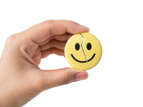 A hand holds a cracked smiley face, symbolizing mixed emotions or a contrast between happiness and sadness.