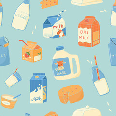 Milk doodles, dairy products cartoon elements seamless pattern for wallpapers, scrapbooking, stationery, social media visuals, wrapping paper, product packaging, etc. EPS 10